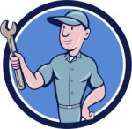 Handyman Holding Spanner Circle Cartoon Stock Photo