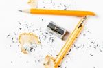 Broken Pencil With Metal Sharpener And Shavings Stock Photo