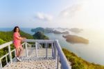 Woman Tourist On Peak Viewpoint Of Island Stock Photo