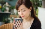 Portrait Of Thai Adult Women Office Beautiful Girl Drinking Coffee Stock Photo