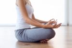 Beautiful Young Woman Doing Yoga Exercises At Home Stock Photo