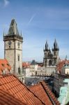 Old City Hall Tower And Church Of Our Lady Before Tyn In Prague Stock Photo