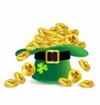 Gold Coin In St. Patrick's Day Hat With Shamrock Stock Photo