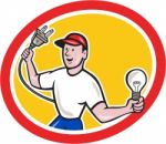 Electrician Holding Electric Plug And Bulb Cartoon Stock Photo