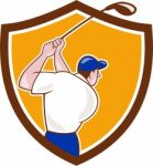 Golfer Swinging Club Crest Cartoon Stock Photo