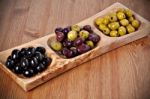 Variety Of Green, Black And Mixed Marinated Olives Stock Photo