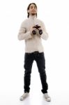 Smiling Male Holding Binocular Stock Photo