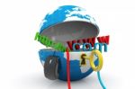 World Wide Web Internet Concept, Opened Earth Globe With Compute Stock Photo