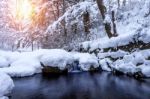 Winter Landscape, Waterfall And River On The Forest In Winter Stock Photo