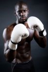 Young Athletic Boxer Wearing Gloves In Black Background Stock Photo