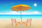 Chairs, Umbrella, Sand And Sea Stock Photo