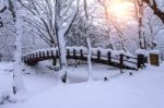 Snow Falling In Park And A Walking Bridge In Winter, Winter Landscape Stock Photo