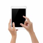 Hand Using Digital Tablet On White Background, Mock-up Tablet Bl Stock Photo