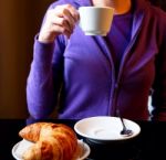 Woman Drinking Cappuccino At Breakfast Close-up Stock Photo