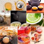 Collection Of Different Herbal Tea Infusion Collage Stock Photo