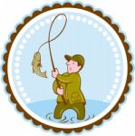 Fly Fisherman Fish On Reel Rosette Cartoon Stock Photo