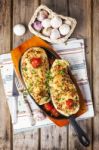 Aubergine Stuffed With Vegetables And Cheese Stock Photo