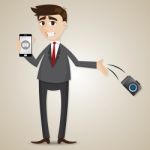 Cartoon Businessman Drop Camera And Showing Camera In Smartphone Stock Photo