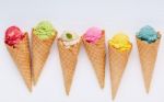 Various Of Ice Cream Flavor In Cones Blueberry ,strawberry ,pist Stock Photo