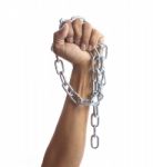 Hand Hold Hard Shiny Metal Chain Isolated On White Background Stock Photo