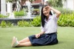 Portrait Of Thai High School Student Uniform Teen Beautiful Girl Happy And Relax, Stock Photo