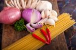 Italian Pasta And Mushroom Sauce Ingredients Stock Photo