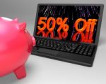 Fifty Percent Off On Laptop Shows Bargains Stock Photo