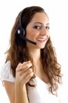 Call Center Female Pointing At Camera Stock Photo