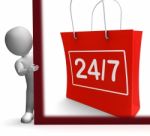 Twenty Four Seven Shopping Sign Shows Open 24/7 Stock Photo