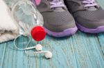 Workout Set On Wood Background Stock Photo