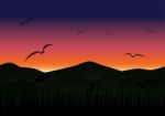 Twilight Sunset Beautiful Landscape With Birds Fly Stock Photo