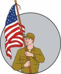 American Soldier Holding Usa Flag Circle Drawing Stock Photo