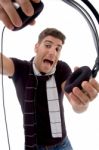 Male Dj Holding Headphone Stock Photo