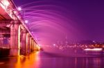 Rainbow Fountain Show At Banpo Bridge In Seoul, South Korea Stock Photo