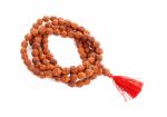 Rudraksha Rosary In A Female Hand. Japa Mala Stock Photo