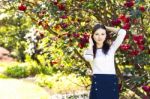 Young Beautiful Woman With Long Straight Dark Hair Posing In Spr Stock Photo