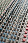 Detail Of A Music Mixer In Studio, Closeup Stock Photo