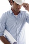 Young Handsome Architect Wearing Helmet Holding Blueprints Stock Photo