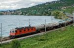 Freight Train Passing Along Lake Geneva Stock Photo