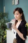 Portrait Of Thai Adult Women Office Beautiful Girl Drinking Coffee Stock Photo