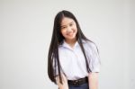 Asia Thai High School Student Uniform Beautiful Girl Read A Book Stock Photo