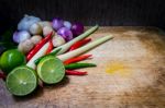 Kaffir Lime Leaf, Lemon, Lemongrass, Galangal, Chili, Onions And Stock Photo