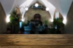 Selected Focus Empty Brown Wooden Table And Coffee Shop Or Resta Stock Photo