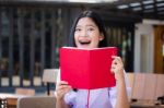 Asia Thai High School Student Uniform Beautiful Girl Read A Book Stock Photo