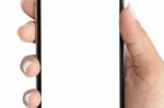 Close Up Hand Holding Phone White Screen Isolated White With Clipping Patch Stock Photo