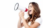 Woman With Mega Phone, Listen To Me! Stock Photo