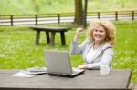 Business Lady Using Laptop In Park Stock Photo