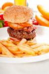 Classic Hamburger Sandwich And Fries Stock Photo