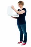 Aged Woman Looking Pizza Box Stock Photo