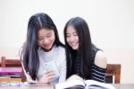 Two Asia Thai High School Student Uniform Best Friends Beautiful Girl Reading Book Stock Photo